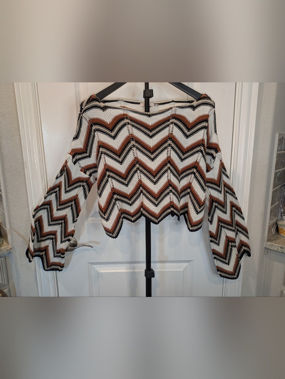 Mi Ami M Chevron Crochet Knit Sweater Bell Sleeve Boho Cropped